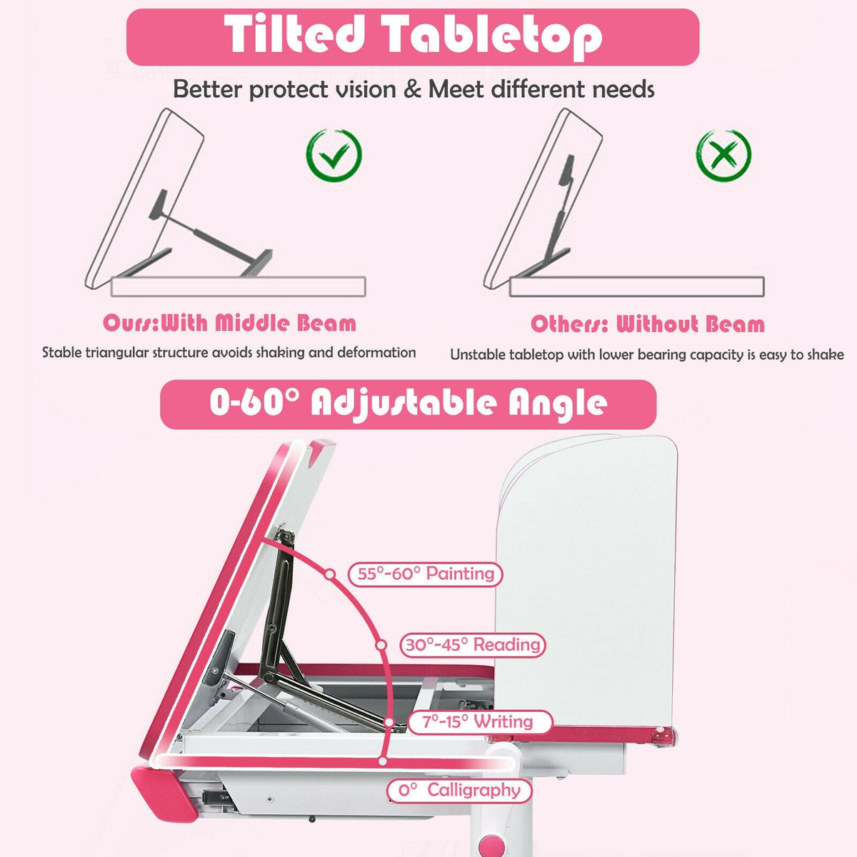 Adjustable Height Study Desk with Drawer and Tilted Desktop for School and Home