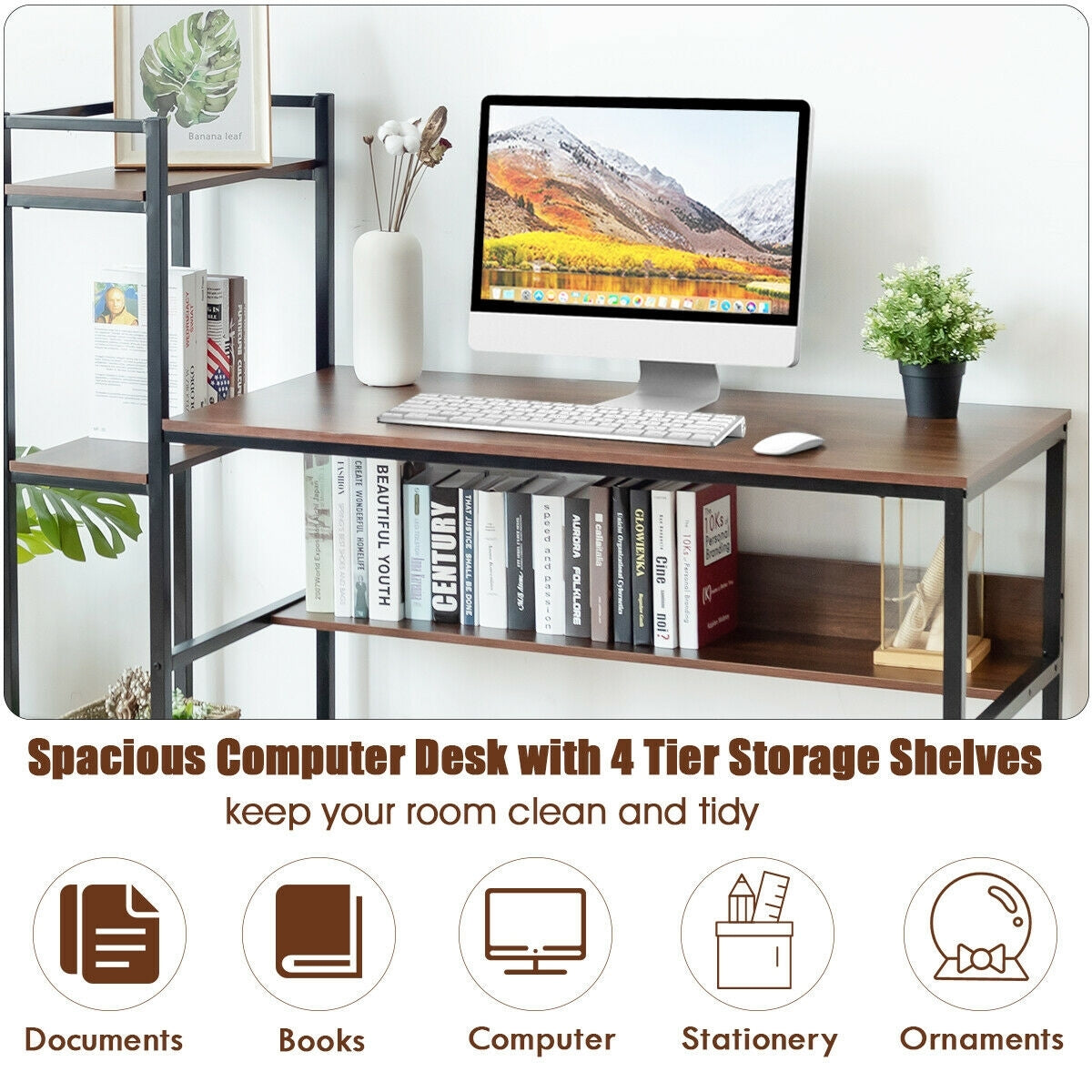 59-Inch Computer Desk Home Office Workstation 4-Tier Storage Shelves