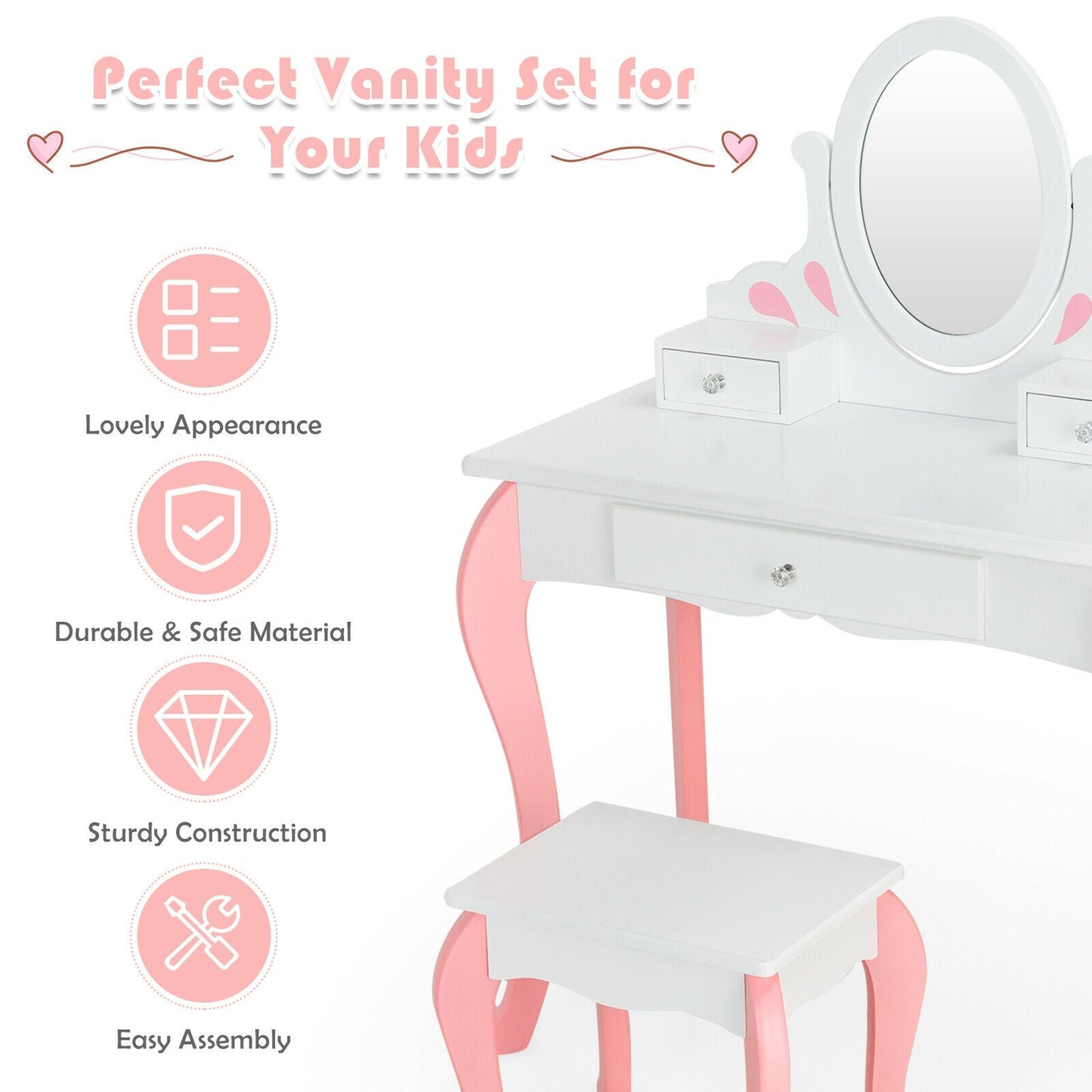Kids Vanity Princess Makeup Dressing Table Stool Set with Mirror and Drawer-White