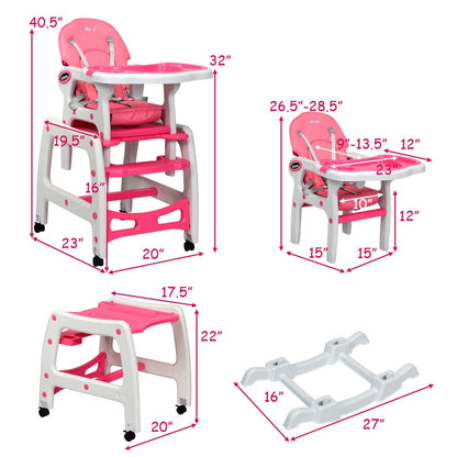 3-in-1 Baby High Chair with Lockable Universal Wheels-Pink