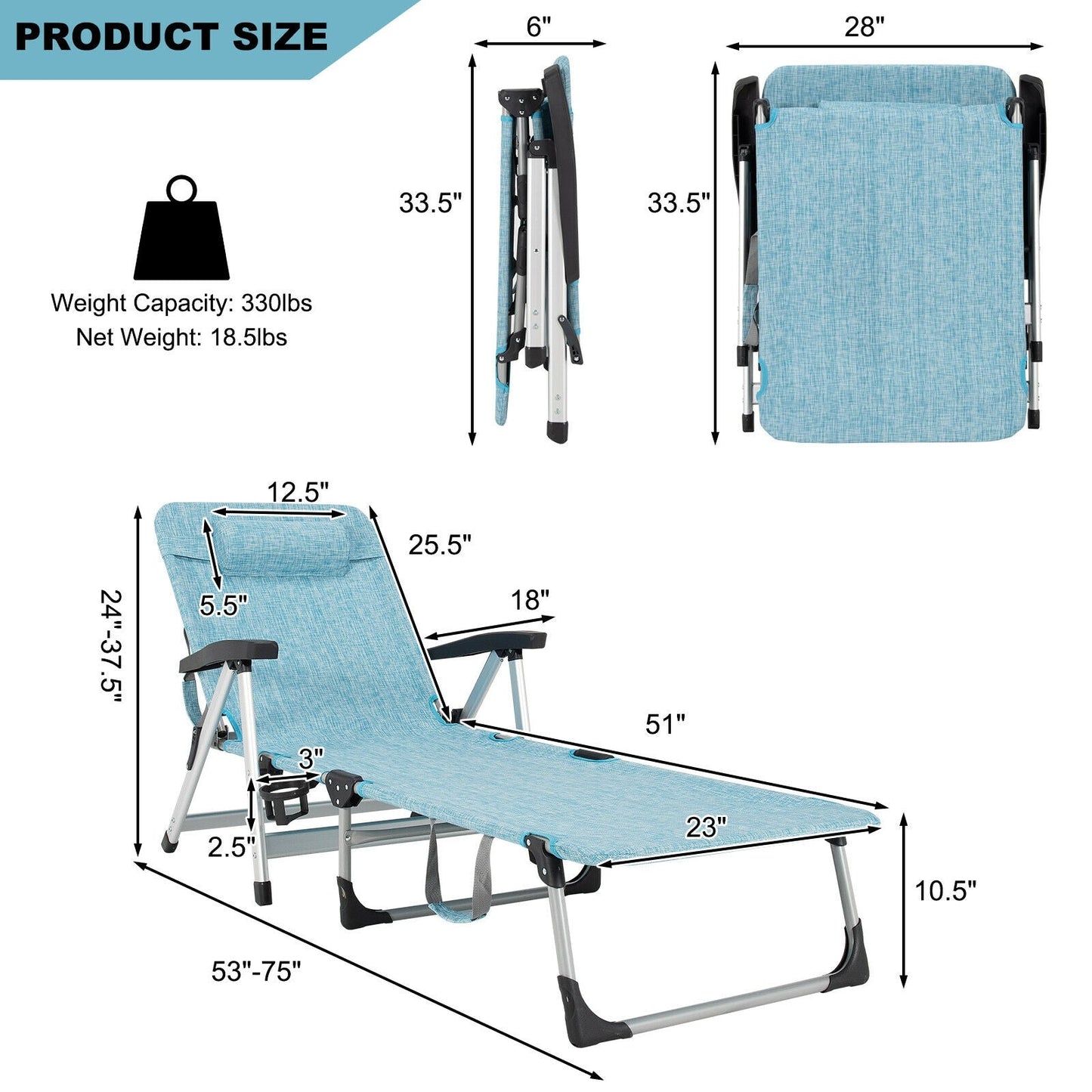 Beach Folding Chaise Lounge Recliner with 7 Adjustable Position