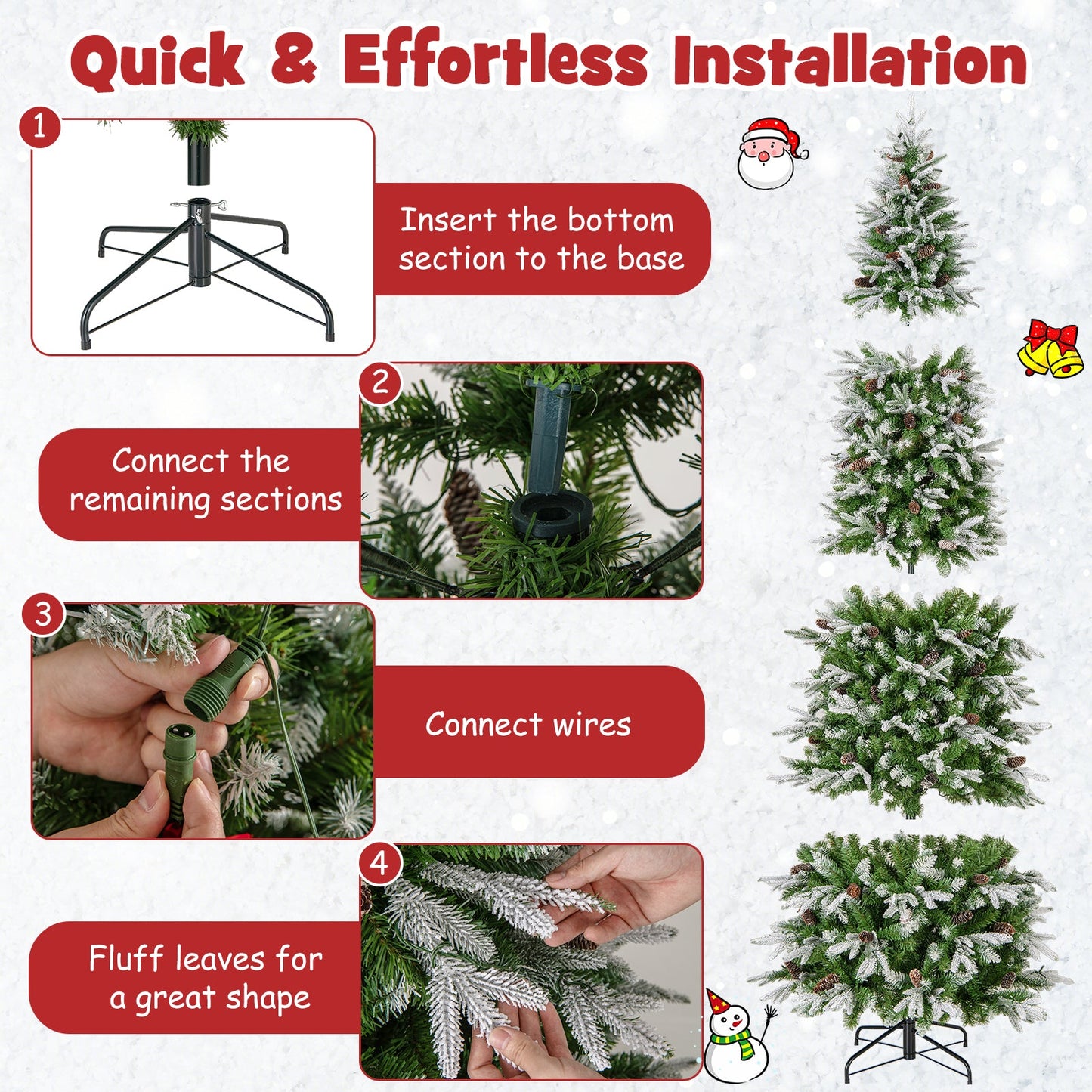 6/7.5/9 Feet Pre-Lit Artificial Christmas Tree Snow Flocked Hinged