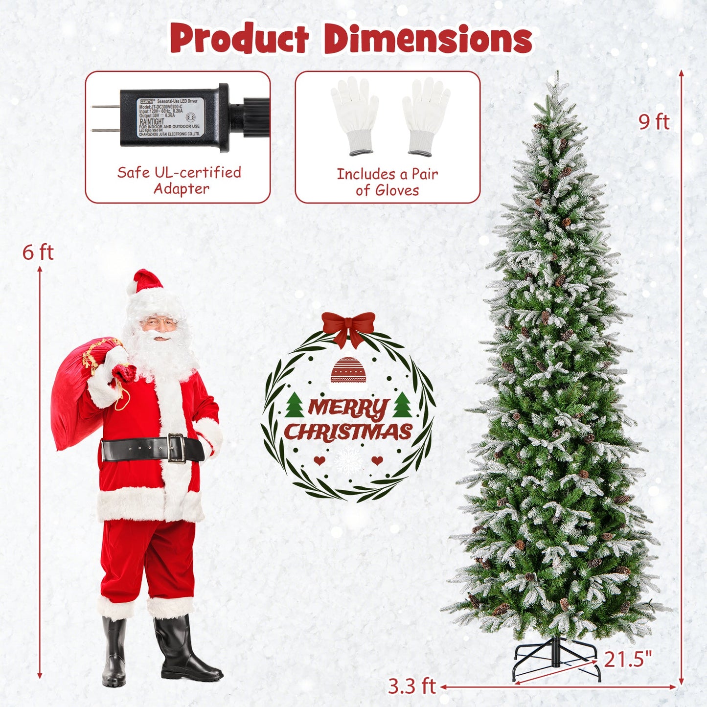 6/7.5/9 Feet Pre-Lit Artificial Christmas Tree Snow Flocked Hinged