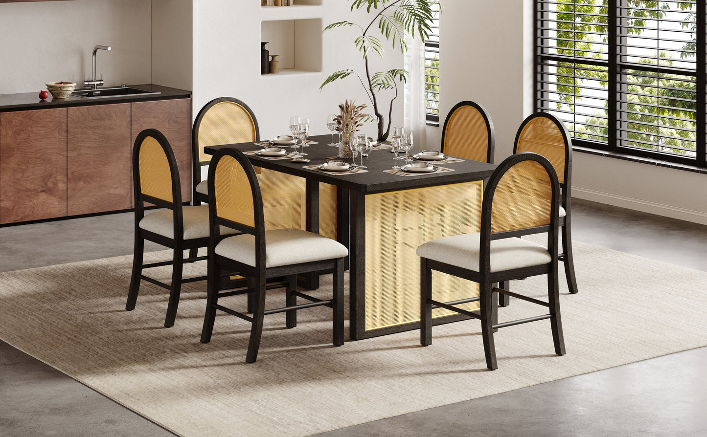 7-Piece Farmhouse Dining Table Set for 6, 59.8 in Rectangular Table with Rattan Chairs