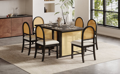 7-Piece Farmhouse Dining Table Set for 6, 59.8 in Rectangular Table with Rattan Chairs