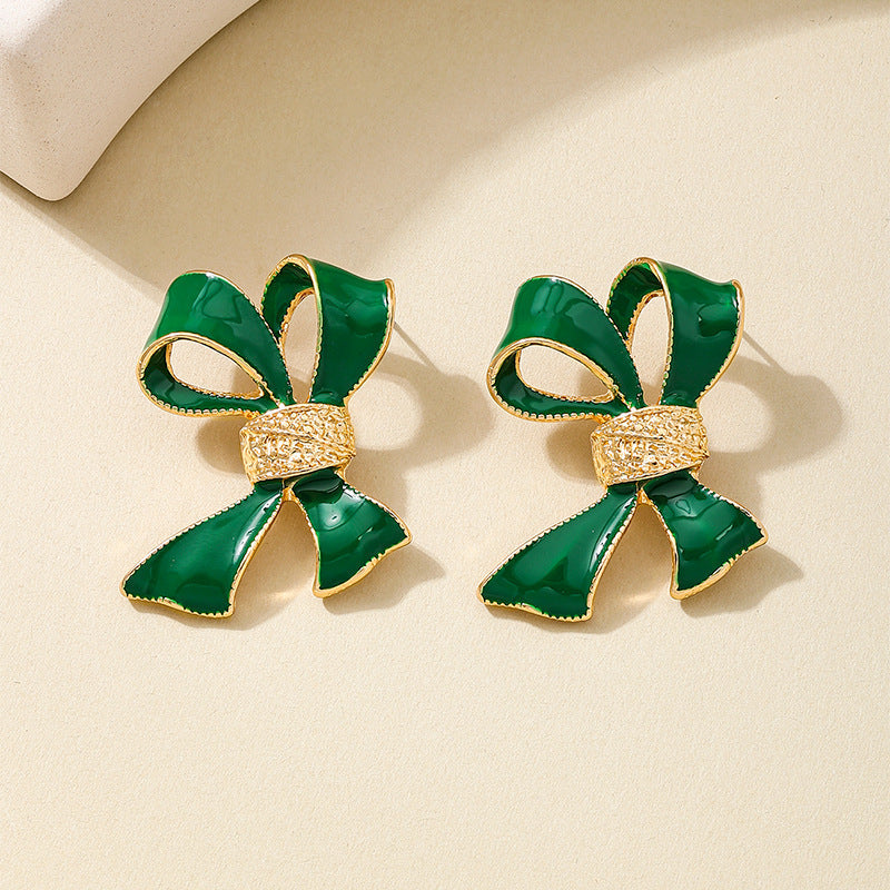 Dripping Oil Green Bow Womens Earrings