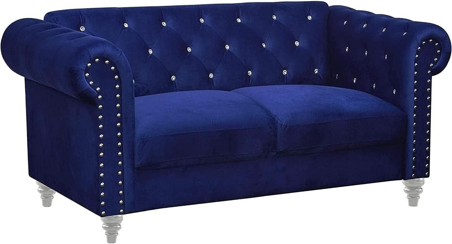 Royal Blue Crystal Tufted Velvet Sofa and Loveseat Set