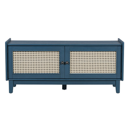 Boho Rattan Entryway Bench with Storage, Cushioned Shoe Bench with Double