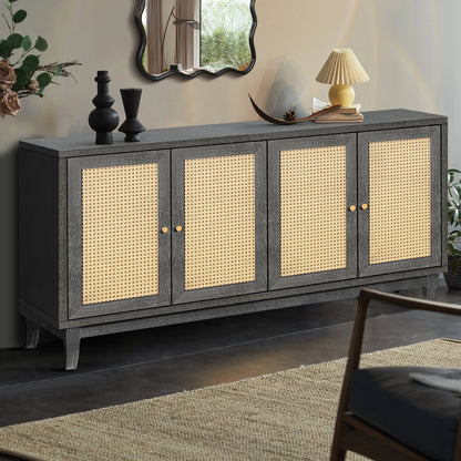 Rattan Sideboard Buffet Cabinet with 4 Rattan Doors, Antique Dark Grey
