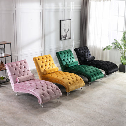Velvet Chaise Lounge, Button-Tufted with Pillow, Black, 63.38x28.94x34.05 in