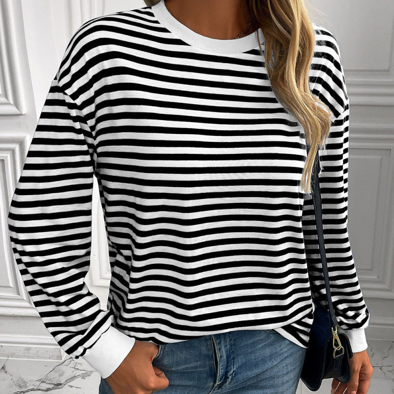 Navy Striped Crew-neck Long-sleeve Loose-fitting Top
