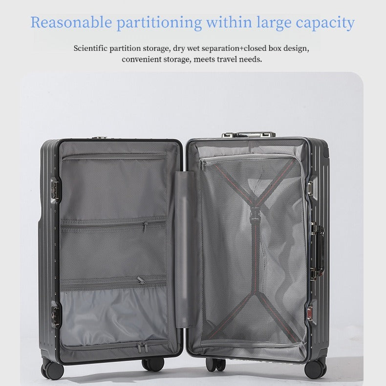 2026 New Large Capacity Front Opening Aluminum Frame Luggage With ABS PC Zipper Boarding Box 20-28 Inches