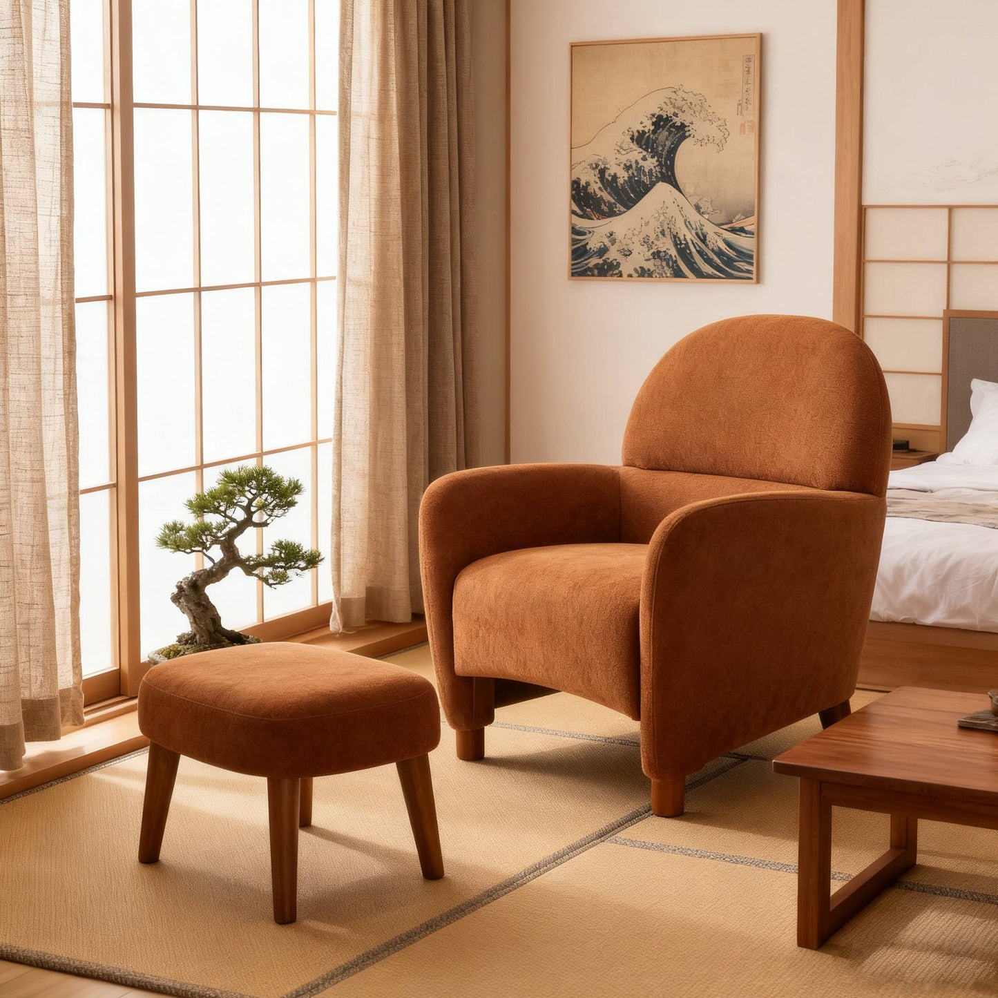 Accent Chair Minimalist Fabric Orange with Ottoman Footrest 30x30x33 In
