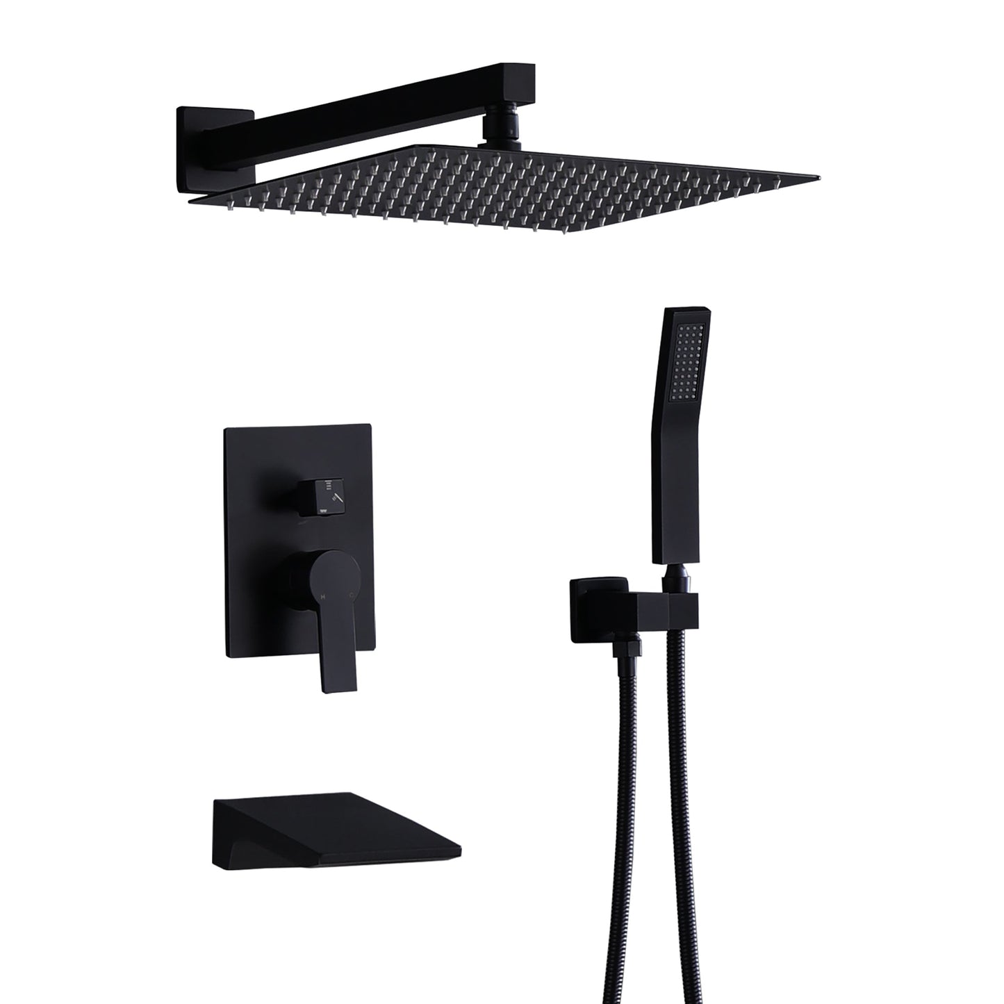 Matte Black All Metal Tub Shower Faucet Set with 12in Rain Shower Head, Wall