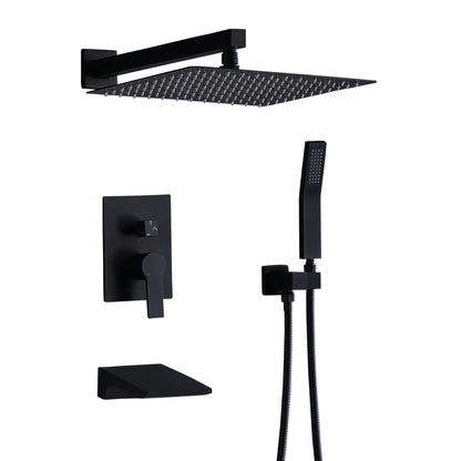 Matte Black All Metal Tub Shower Faucet Set with 12in Rain Shower Head, Wall