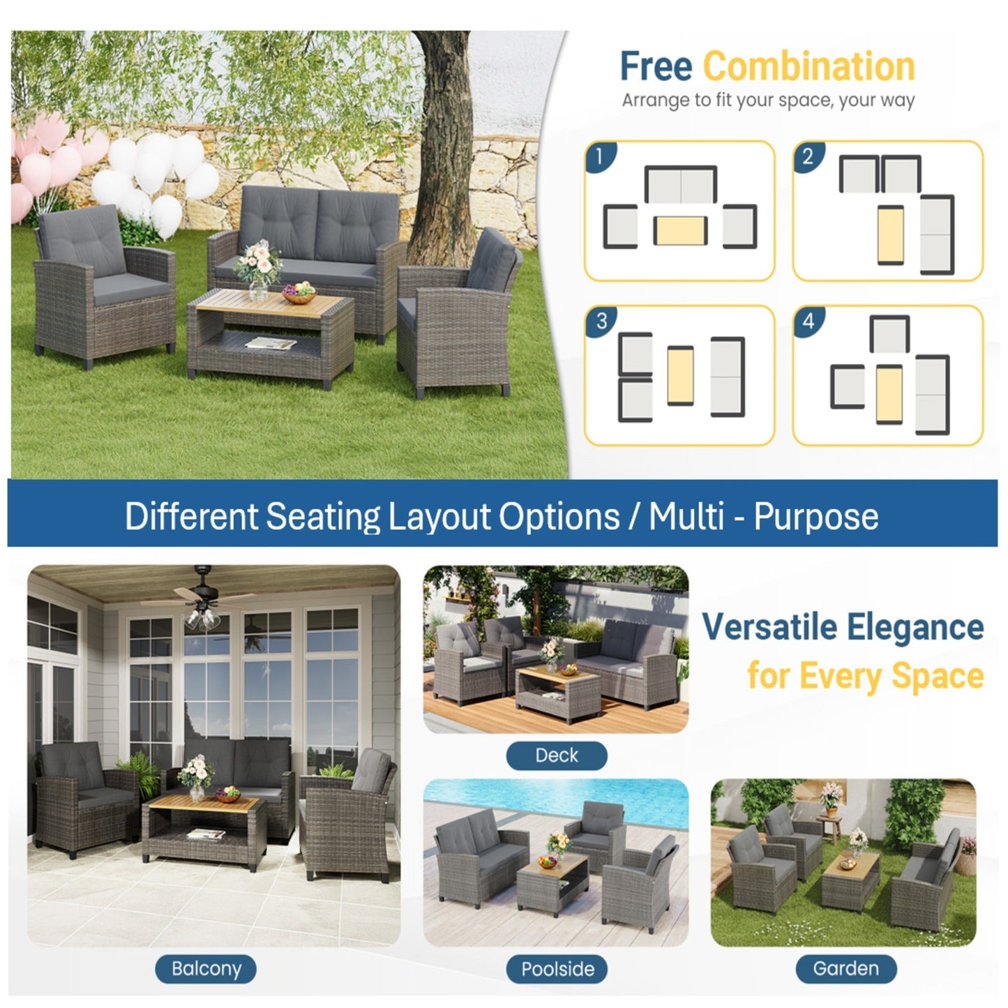 Outdoor Patio Set PE Rattan Gray 4 Piece Loveseat Chairs Acacia Table