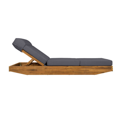 Outdoor Chaise Lounge Acacia Wood Teak Dark Gray Cushion Foldable 300 LB