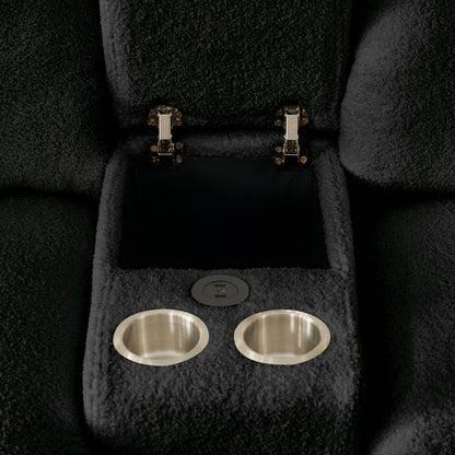 Sectional Sofa Teddy Fabric Black Console USB Cup Holder 3 Seat 330 LB