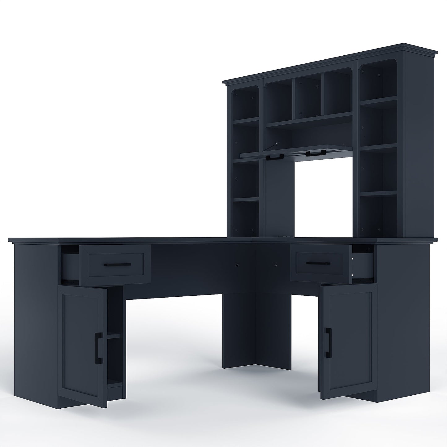 L-Shaped Computer Desk with 2 Cabinets and 2 Drawers, 11 Open Shelves and 1 R...