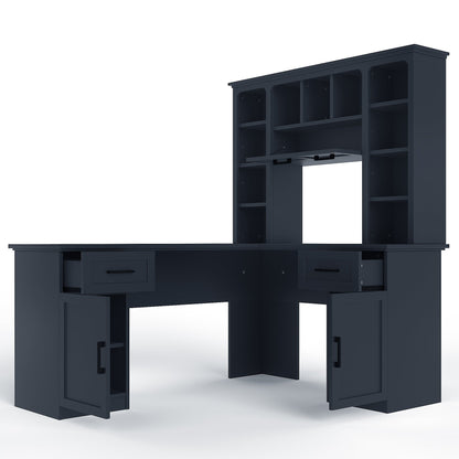 L-Shaped Computer Desk with 2 Cabinets and 2 Drawers, 11 Open Shelves and 1 R...