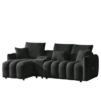 Sectional Sofa Teddy Fabric Black Console USB Cup Holder 3 Seat 330 LB