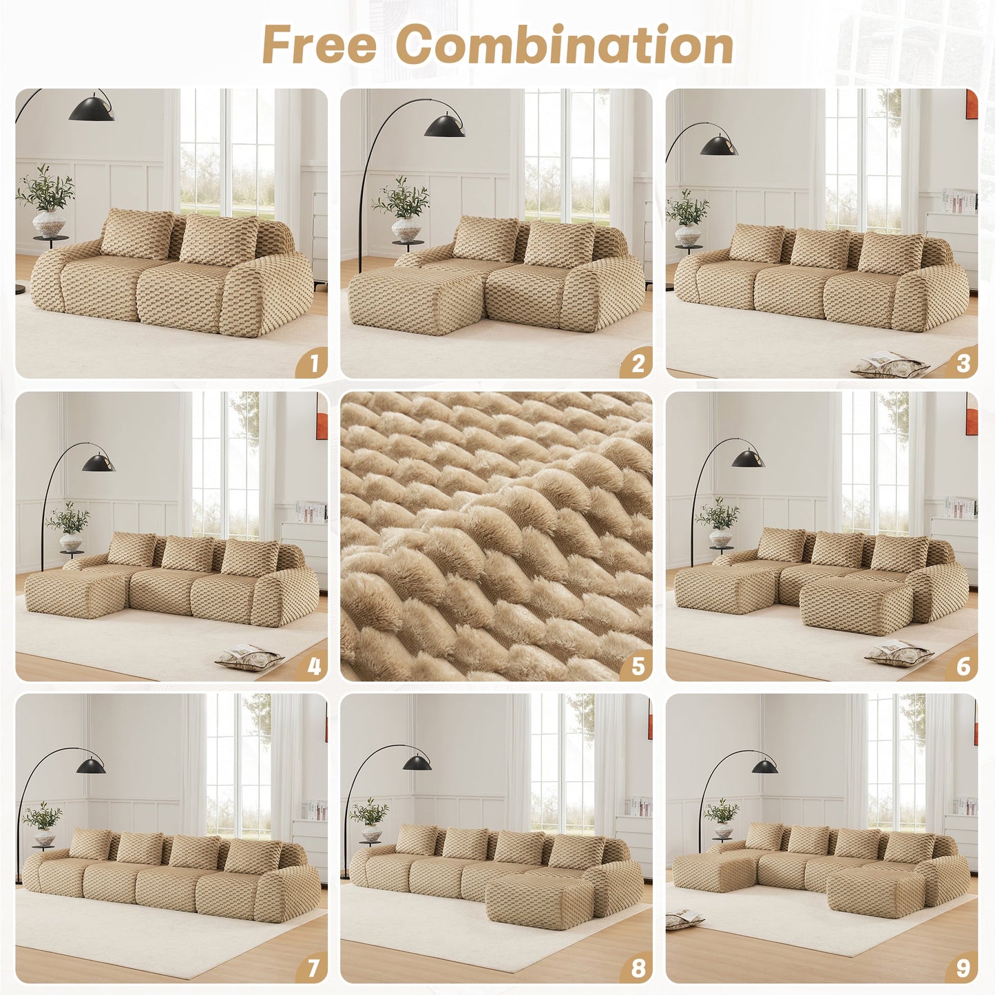 Sectional Sofa L-Shape Modular Flannelette Light Camel 2 Seat 82 In