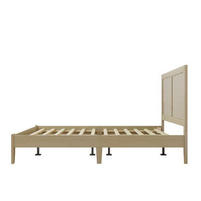 Solid Wood Platform Queen Bed With Rattan