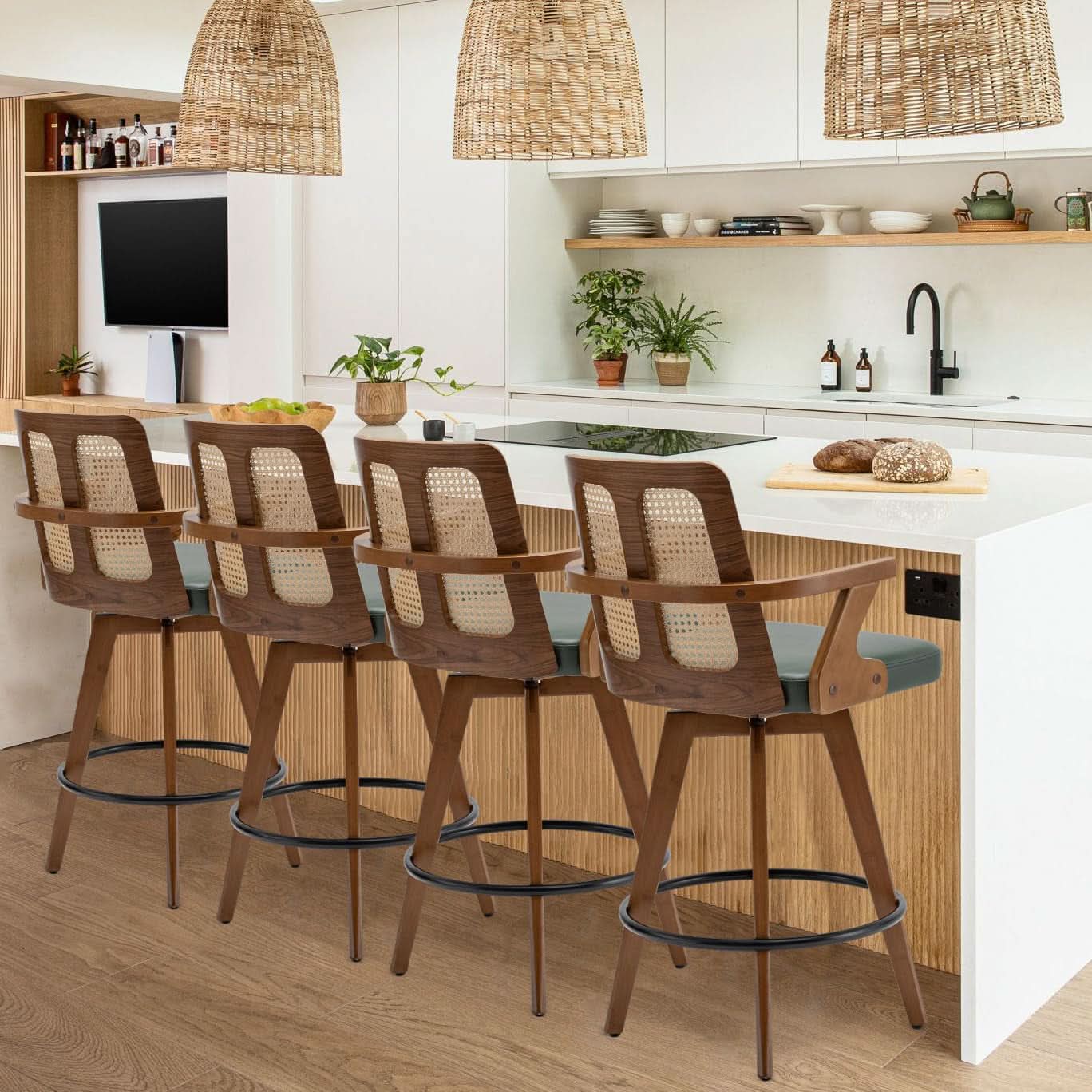 Swivel Counter Stools Set of Two with Rattan Back