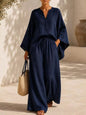 Full Size Notched Long Sleeve Top and Wide-Leg Pants Set Plus Size