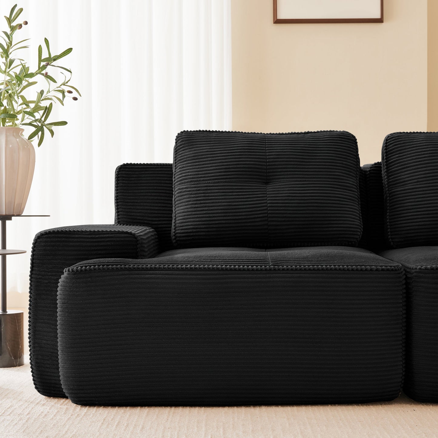 Sectional Sofa Modular Corduroy Black 3 Seat Tufted No Assembly