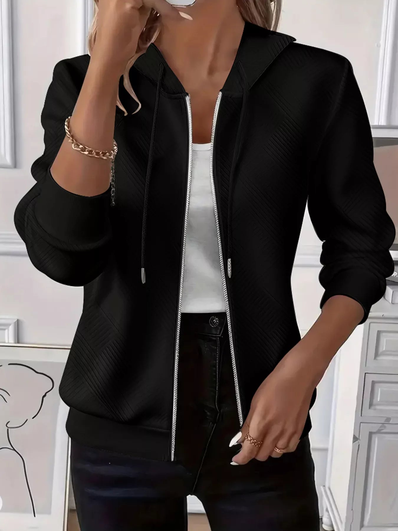 Texture Zip-Up Hoodie with Drawstring