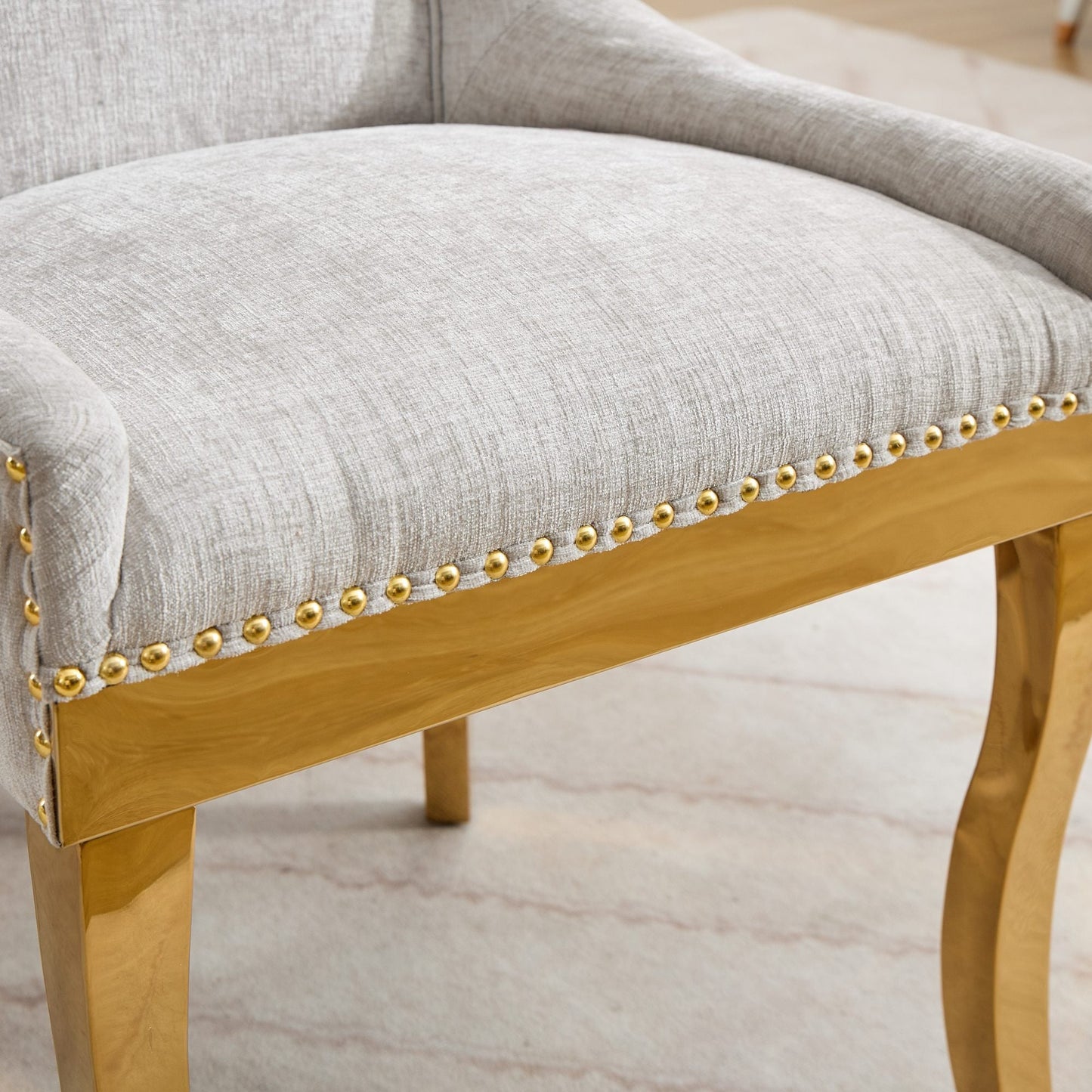 Chenille Dining Chairs, Modern Style with Curved Gold - Plated Legs & Rivet