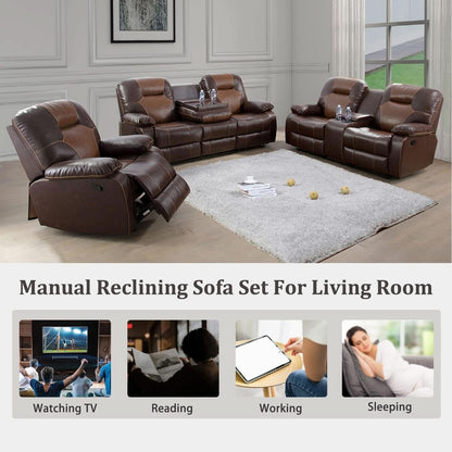 Manual Recliner Sofa Set Bonded Leather With Storage Console Brown 3 Piece