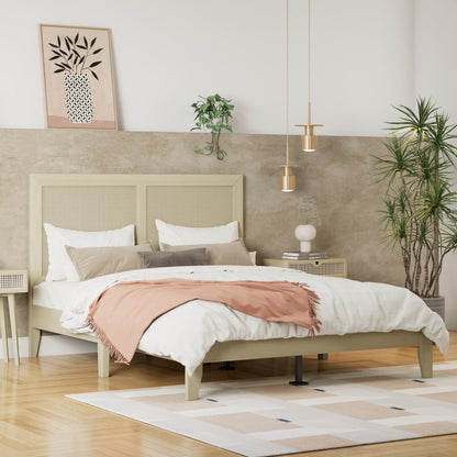 Solid Wood Platform Queen Bed With Rattan