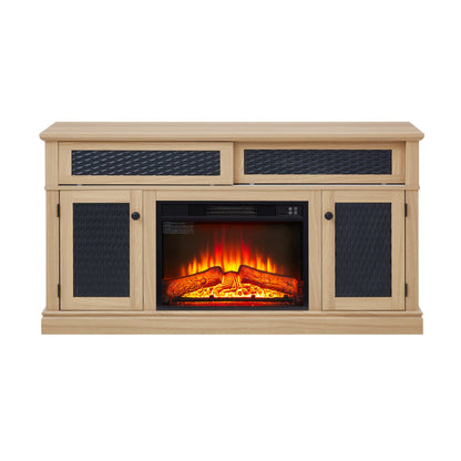 TV Stand Fireplace Light Oak MDF Embossed Doors 1400W Fits 65 In TV 58.27 In