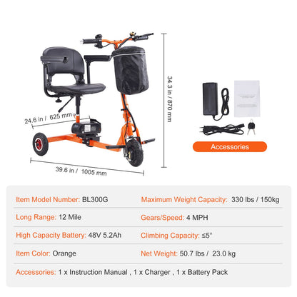Mobility Scooter 3-Wheel Foldable Iron Orange 300 LB 12 Mile Range