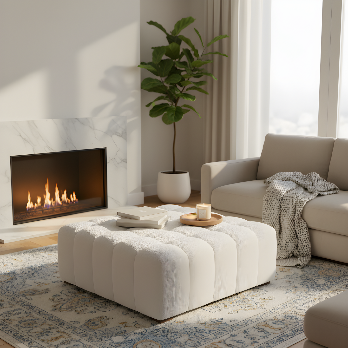 White Boucle Rectangular Ottoman Rubberwood Legs 44.5x35.5x18.5