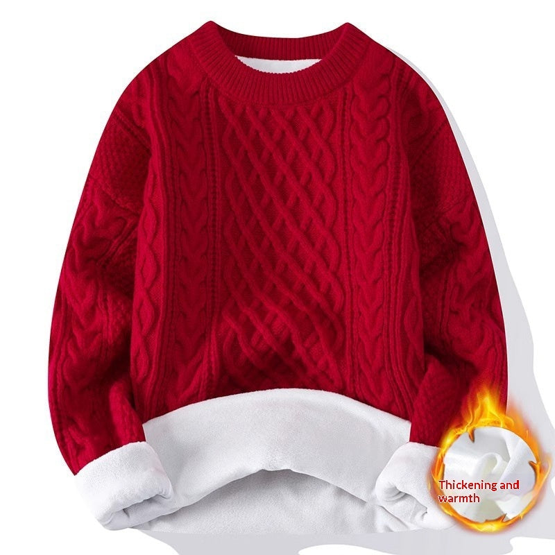 Round-neck High-neck Fleece-lined Solid-color Sweater