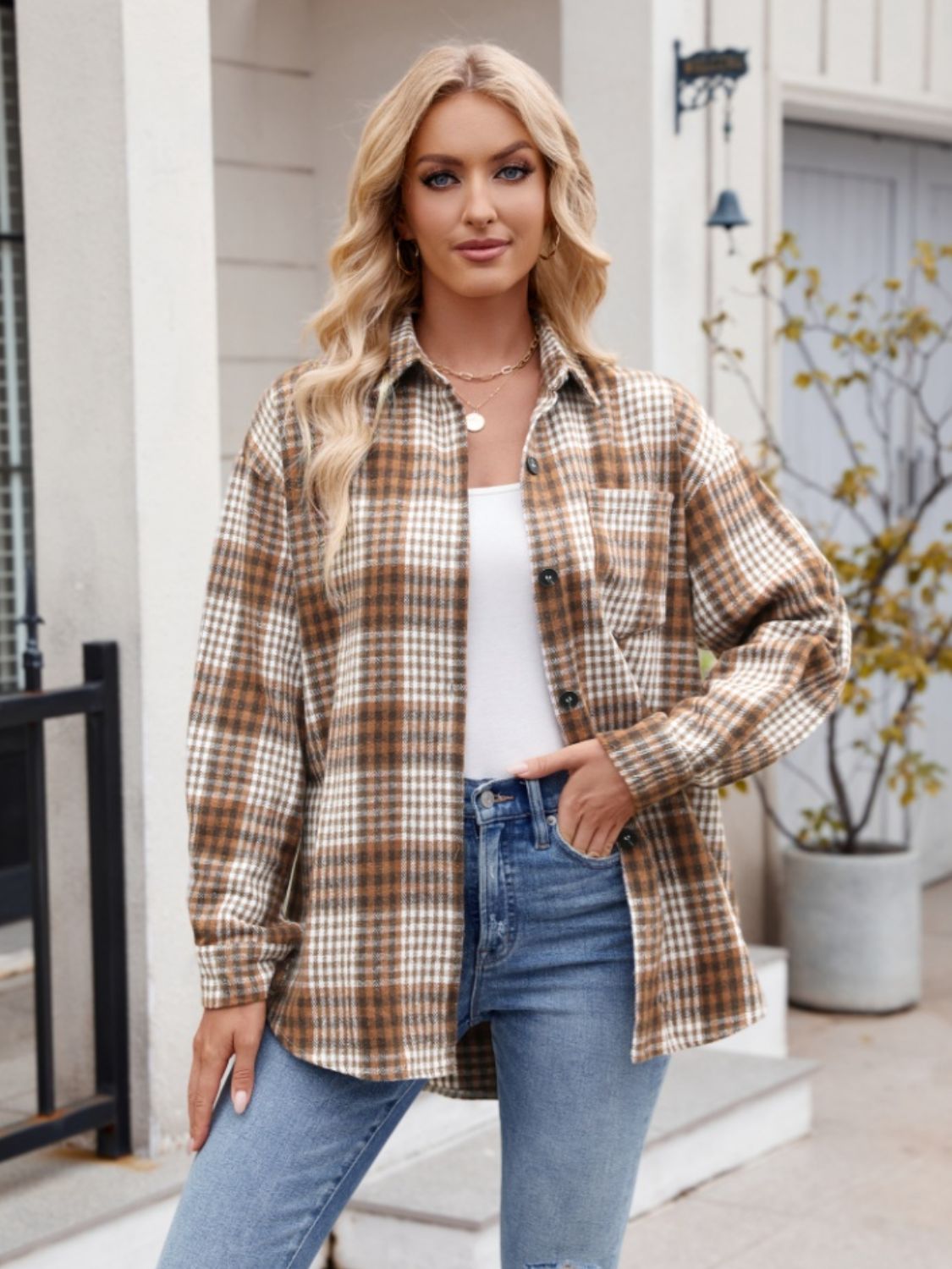 Stretchy Plaid Button-Down Shirt
