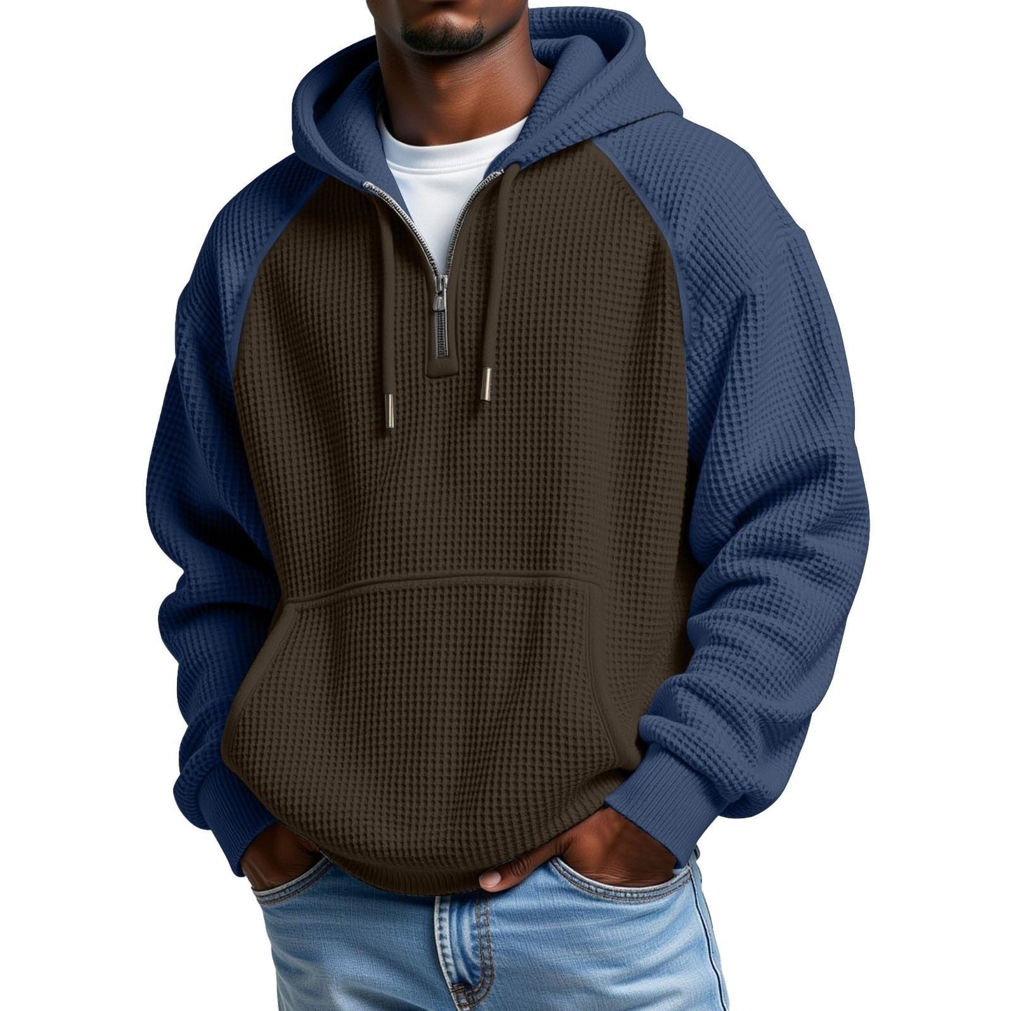 Color-block Waffle-knit Long-sleeve Hooded Jacket