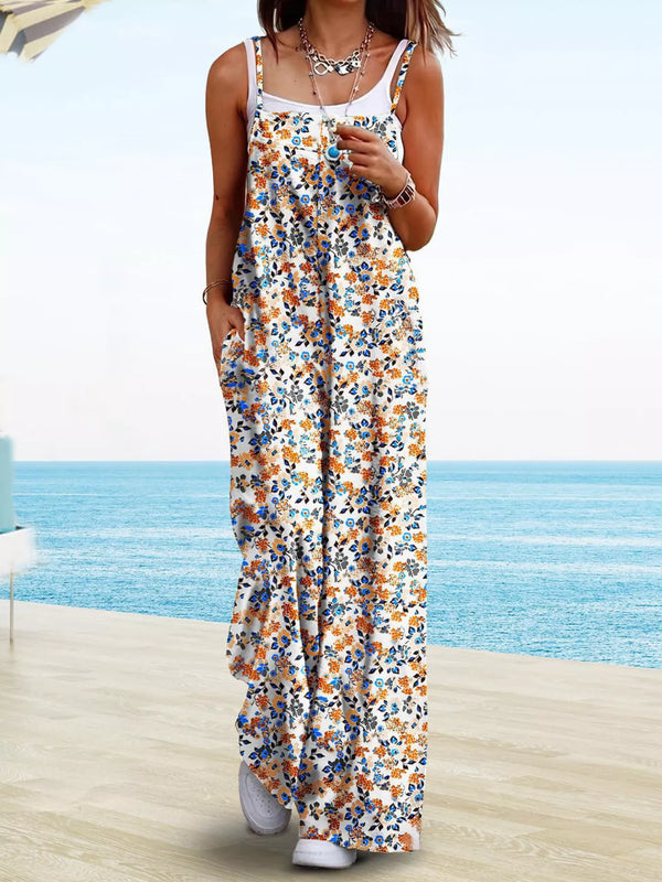 Full Size Floral Print Wide Leg Spaghetti Strap Overalls Plus Size