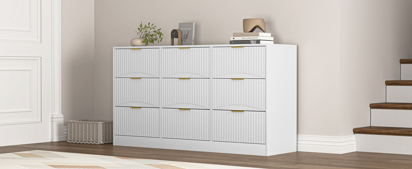 Dresser Classic 9-Drawer White Particle Board Gold Handles 63x15.74 In