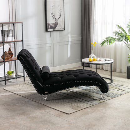 Velvet Chaise Lounge, Button-Tufted with Pillow, Black, 63.38x28.94x34.05 in