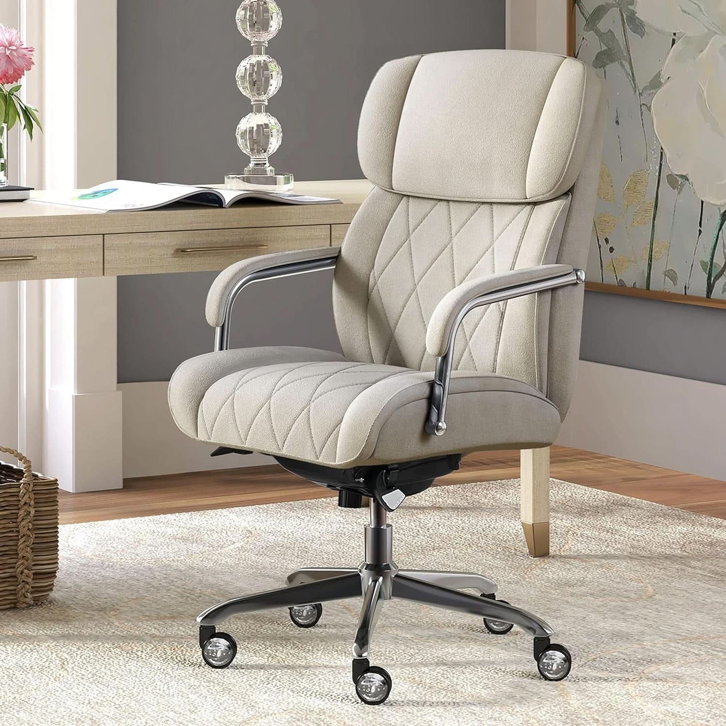 Quilted Leather Executive Office Chair With Lumbar Support Cream