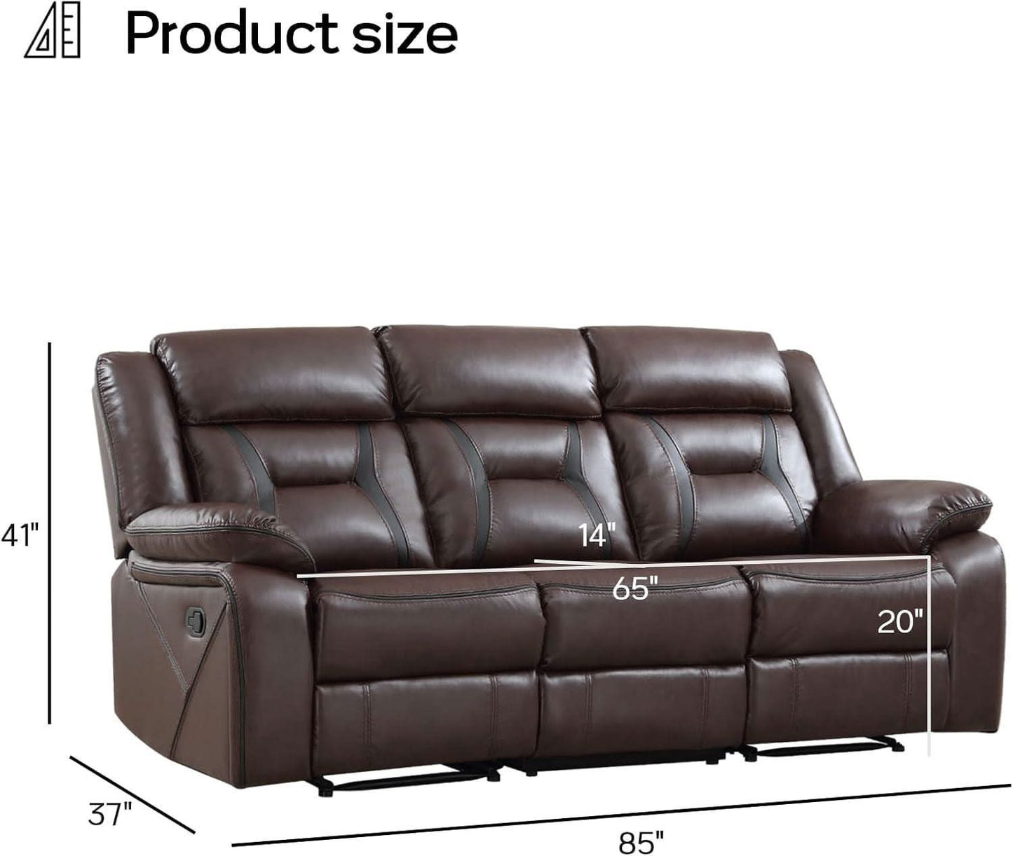 Three Seat Manual Reclining Sofa Dark Brown Faux Leather