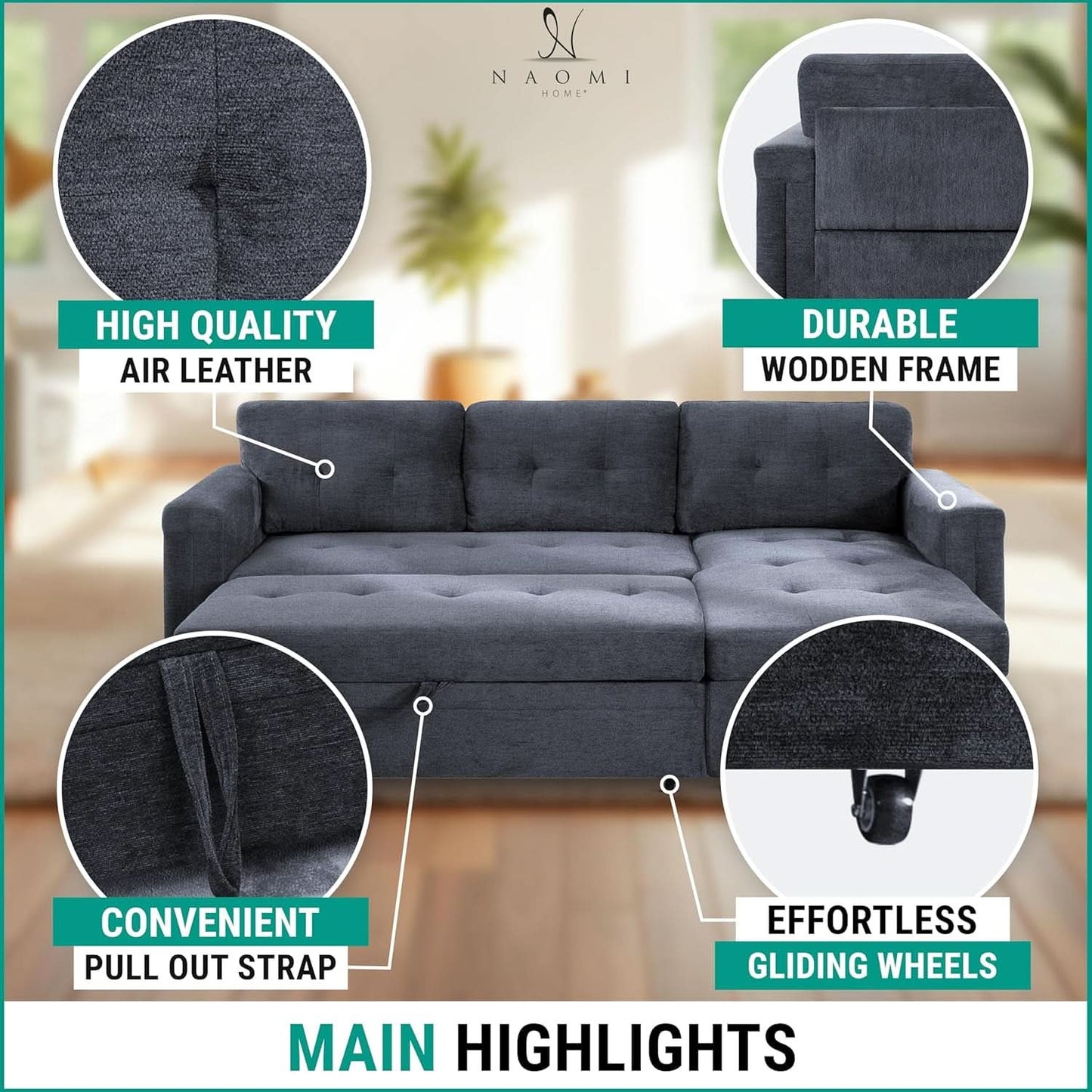 Gray Microfiber L Shape Sleeper Sofa With USB Ports Storage