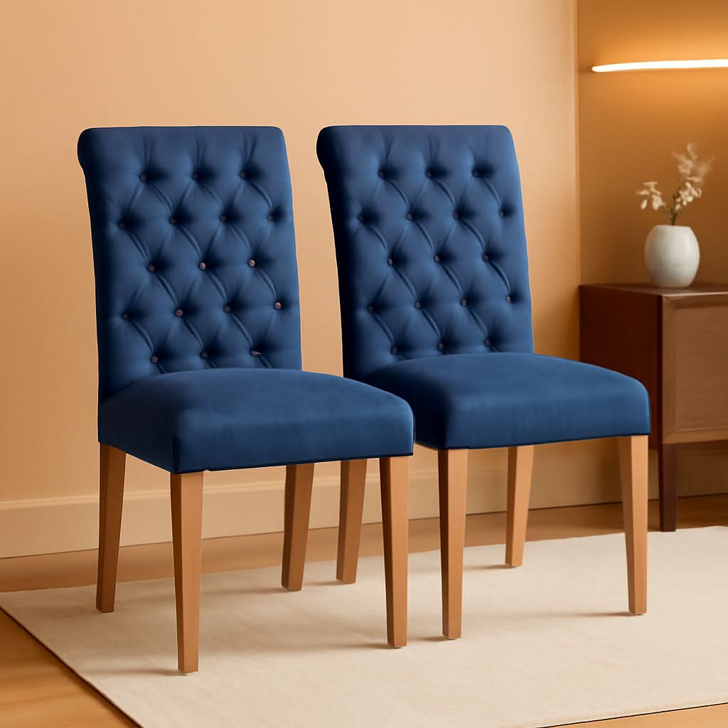 Blue Button Tufted Dining Chairs Set Of 2 With Solid Wood Legs