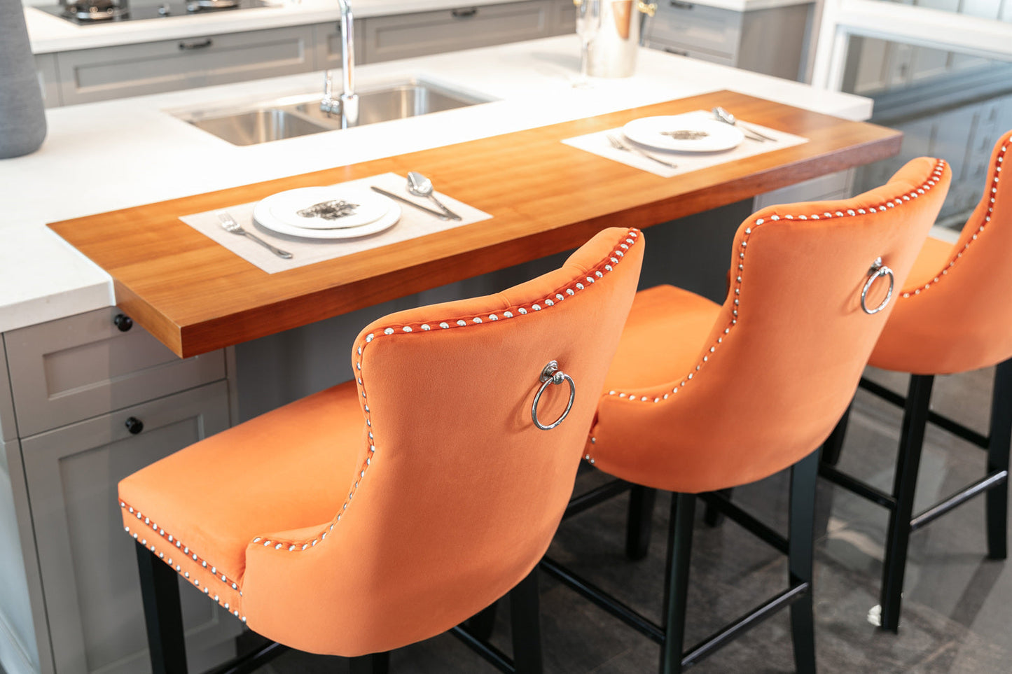 Velvet Upholstered Barstool Set of 2, Button Tufted, Chrome Nailhead, Orange