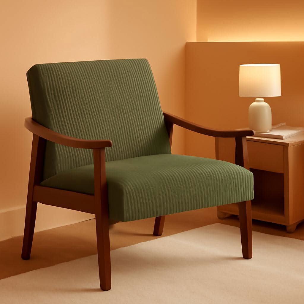 Dark Green Corduroy Armchair Mid Century Solid Wood