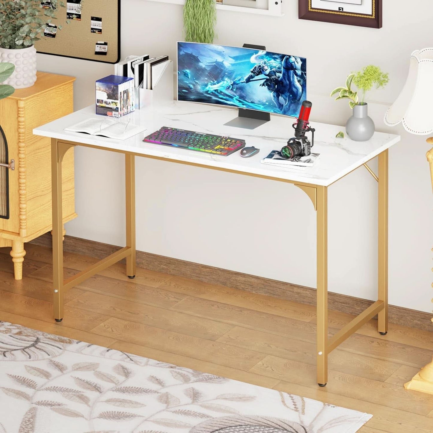 47 Inch Computer Desk Gold Metal Frame Modern Home Office Desk